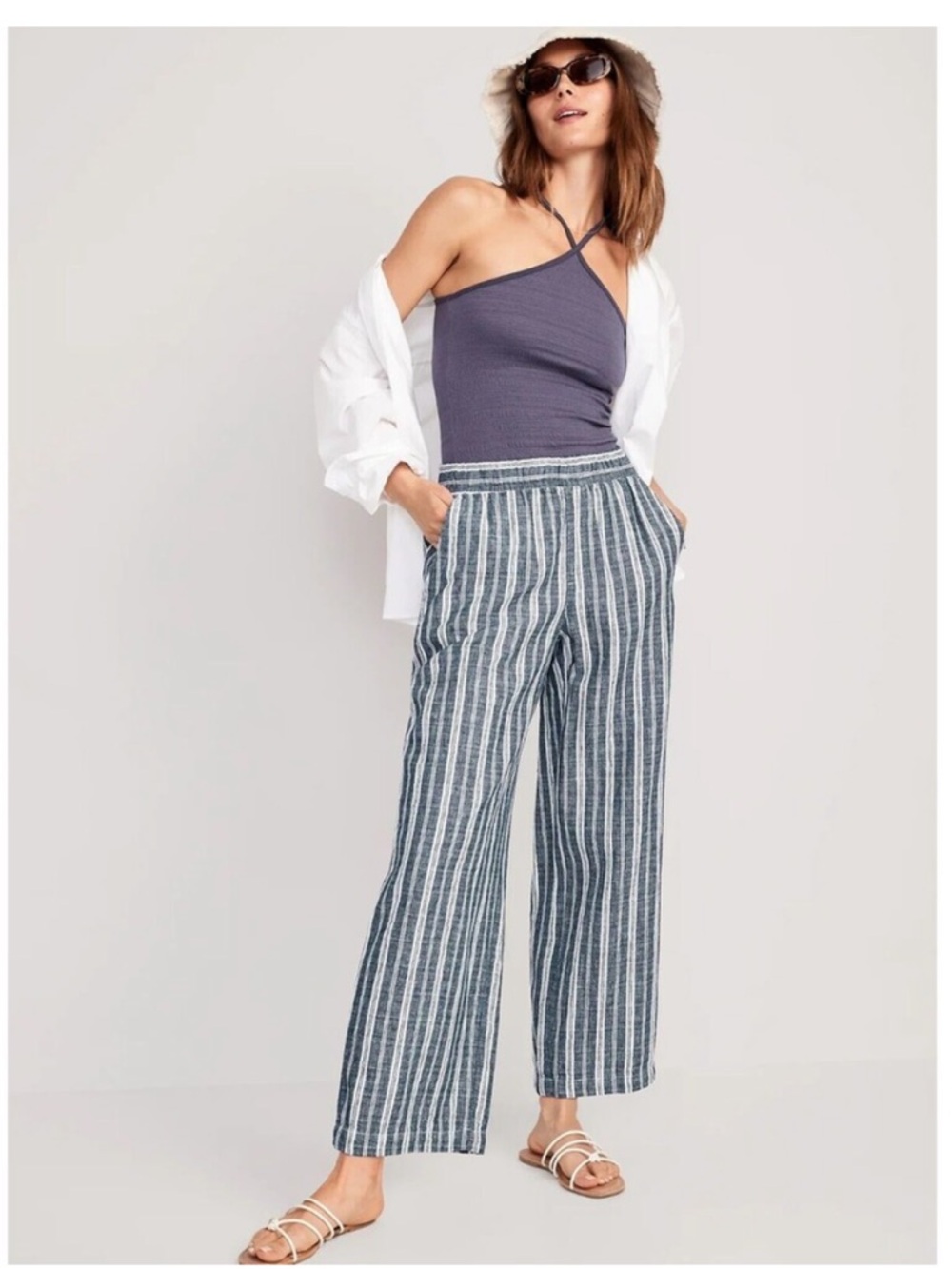 NWT Old Navy Navy and White Vertical-Stripe Wide Leg Linen-Blend Pull On Pants - Picture 3 of 9